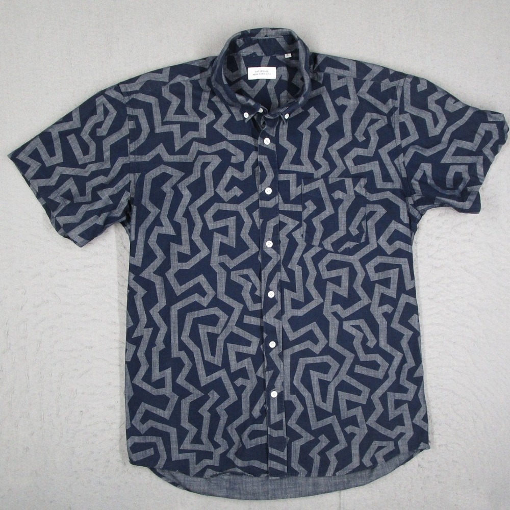 Saturdays New York City Mens XL Short Sleeve Button Down Shirt Geometric Navy